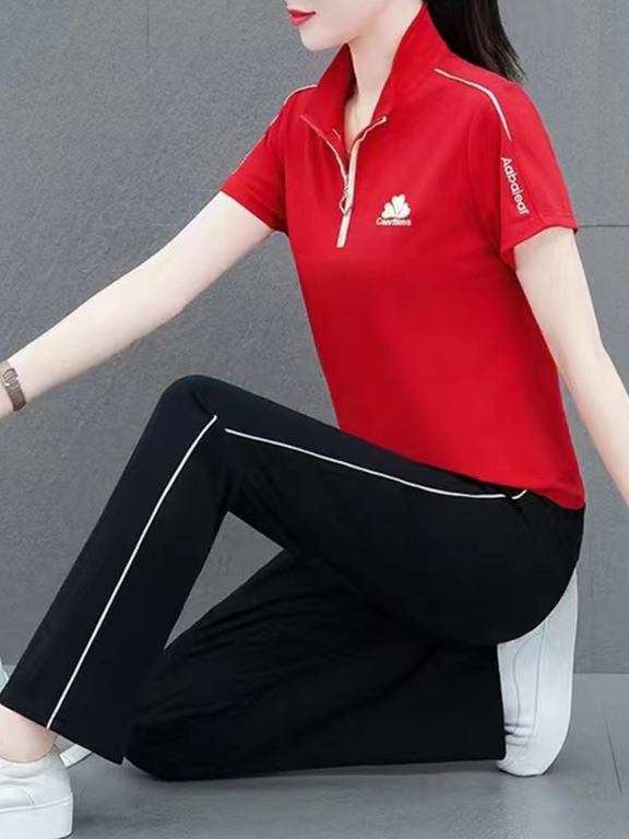 Women's Casual Sporty Striped Stand Collar Short Sleeve Top 2-Piece Set 7121#, Clothing Wholesale Market -LIUHUA, All Categories