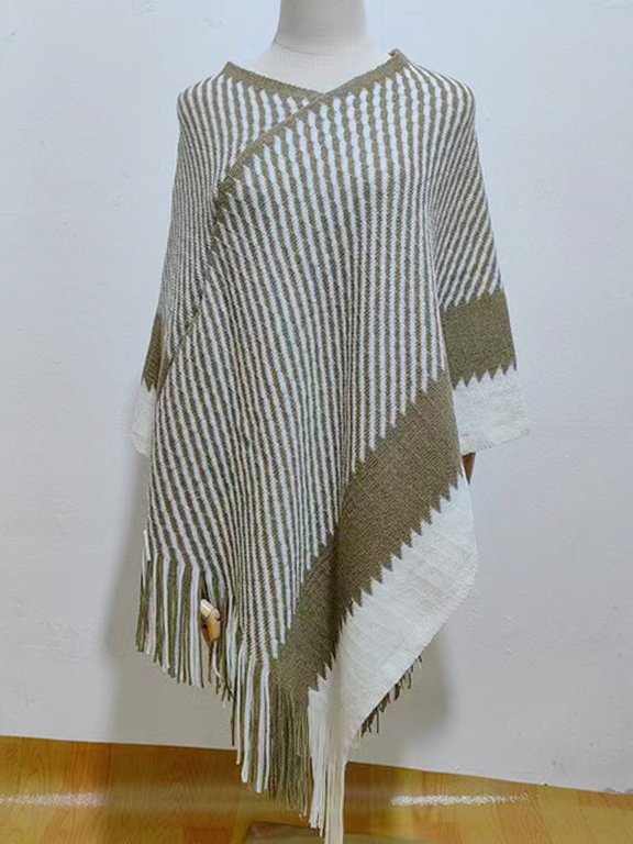 Women's Fashion Vintage V Neck Tribal Striped Tassel Cape, Clothing Wholesale Market -LIUHUA, Women, Women-s-Outerwear, Cape-Poncho