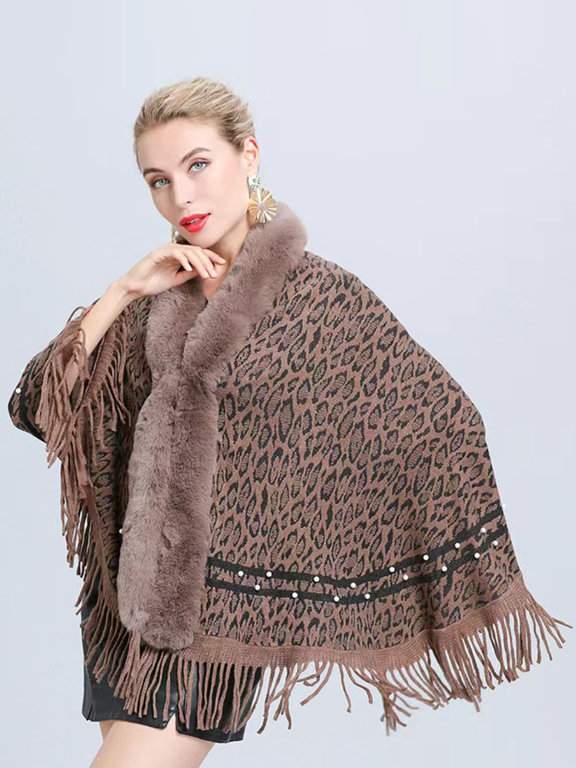 Women's Fashion Casual Fuzzy Collar Leopard Tassel Cape, Clothing Wholesale Market -LIUHUA, Women, Women-s-Outerwear, Cape-Poncho