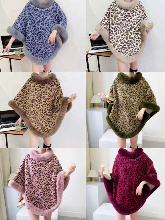 Women's Fashion Causal Fuzzy Collar Thermal Leopard Cape, Clothing Wholesale Market -LIUHUA, Women, Women-s-Outerwear, Cape-Poncho