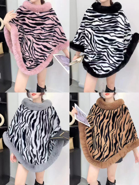 Women's Fashion Causal Fuzzy Collar Thermal Zebra Stripe Cape, Clothing Wholesale Market -LIUHUA, Women, Women-s-Outerwear, Cape-Poncho