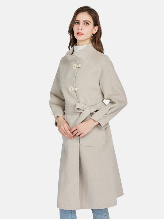Women's Casual Stand Collar Tie Front Patch Pockets Woolen Overcoat 82021#, LIUHUA Clothing Online Wholesale Market, Women, Women-s-Outerwear, Women-s-Coat