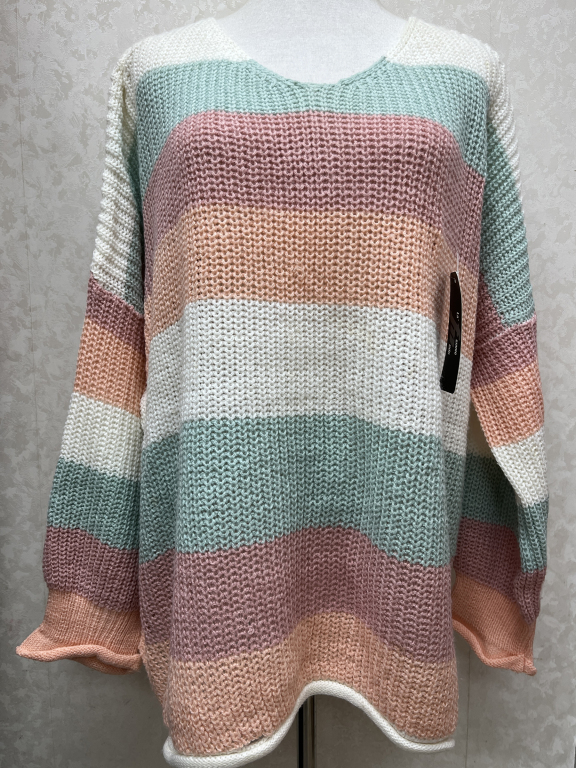 Women's Casual Striped Colorblock Crew Neck Long Sleeve Rolled Hem Knit Sweater 9854#, Clothing Wholesale Market -LIUHUA, All Categories