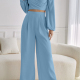 Women's Plain Wrap V Neck Shirred Long Sleeve Crop Tops & High Waist Wide Leg Ankle Length Pants 2 Piece Set ZX-63# 6# Clothing Wholesale Market -LIUHUA