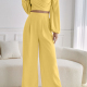 Women's Plain Wrap V Neck Shirred Long Sleeve Crop Tops & High Waist Wide Leg Ankle Length Pants 2 Piece Set ZX-63# 60# Clothing Wholesale Market -LIUHUA
