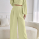 Women's Plain Wrap V Neck Shirred Long Sleeve Crop Tops & High Waist Wide Leg Ankle Length Pants 2 Piece Set ZX-63# 63# Clothing Wholesale Market -LIUHUA