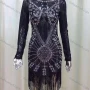 Wholesale Women's Round Neck Long Sleeve Rhinestone Decor Fringe Hem Midi Dress preview
