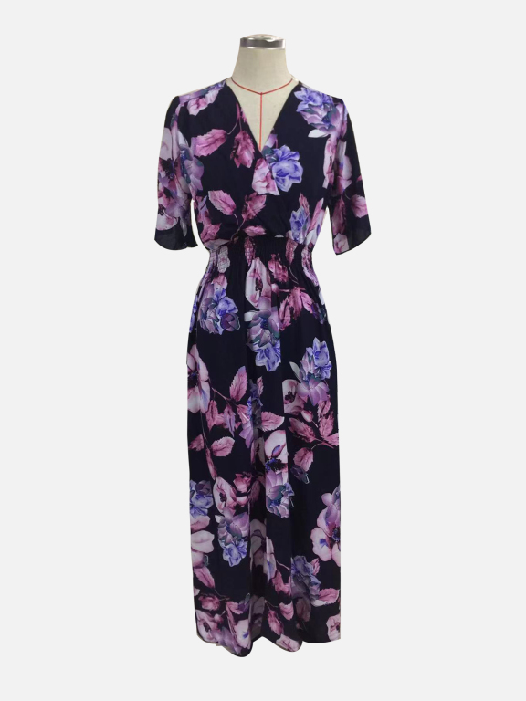 Women's Casual V Neck Short Sleeve Shirred Peplum Wrap Floral Dress 002#, Clothing Wholesale Market -LIUHUA, Women, Dress, Sweater-Dress