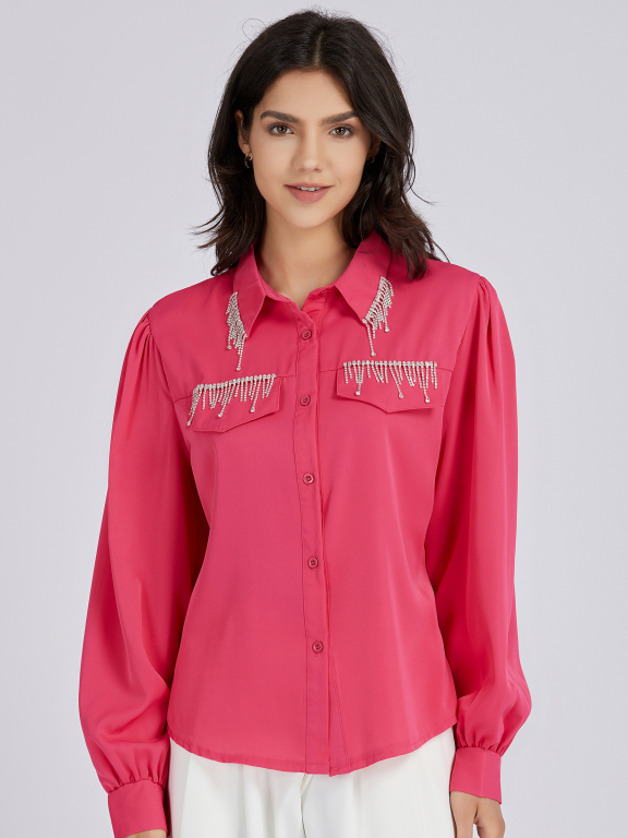 Women's Casual Plain Rhinestones Fringes Fake Pockets Long Sleeve Curved Hem Shirt LL-33032#, Clothing Wholesale Market -LIUHUA, Women, Dress