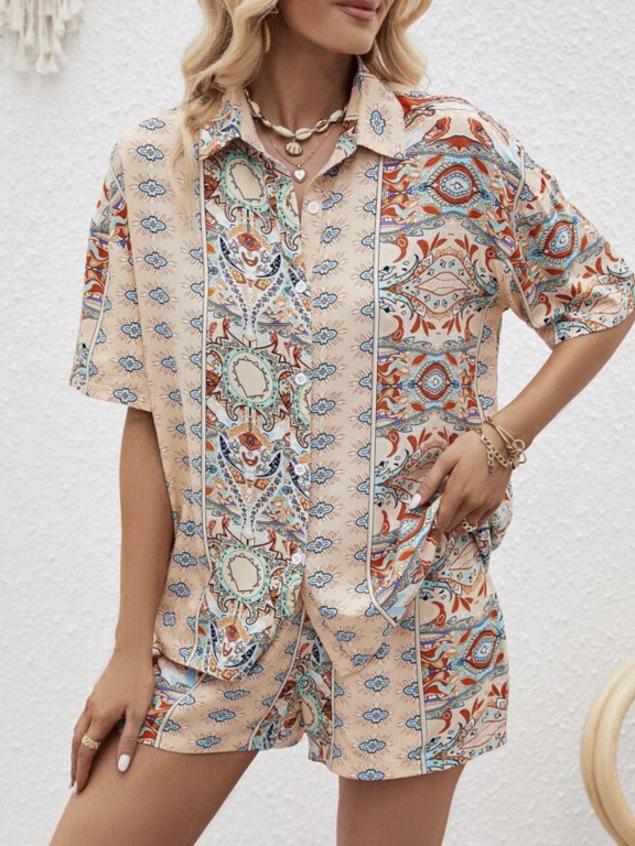 Women's Casual Vintage Print Short Sleeve Buttons Down Half sleeve Shirt & Shorts 2 Piece Set ZX-66#, Clothing Wholesale Market -LIUHUA, All Categories