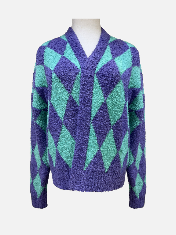 Women's Casual Fuzzy Knit Argyle Colorblock Cardigan 8157#, LIUHUA Clothing Online Wholesale Market, All Categories