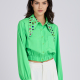 Women's Plain Peter Pan Collar Rhinestones Patch Pockets Elastic Waist Long Sleeve Crop Shirt Mint Green Clothing Wholesale Market -LIUHUA
