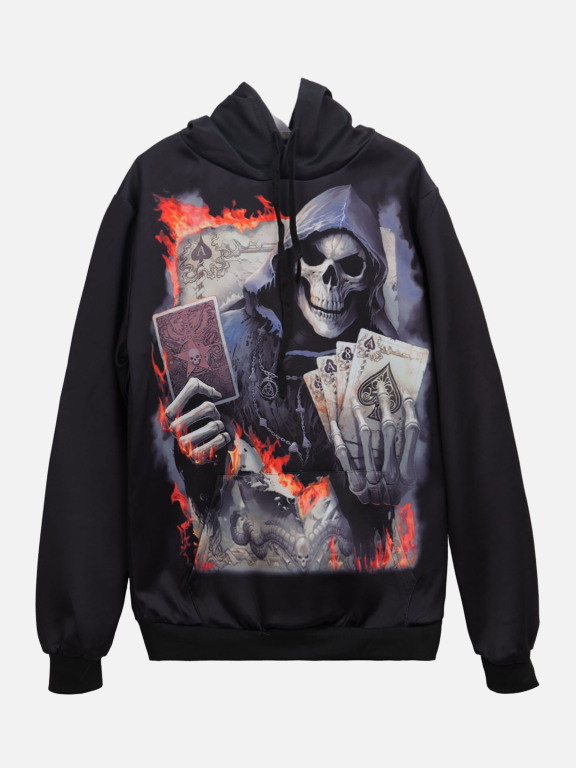 Men's Casual Skull Graphic Long Sleeve Drawstring Pullover Hoodie With Kangaroo Pocket, Clothing Wholesale Market -LIUHUA, All Categories