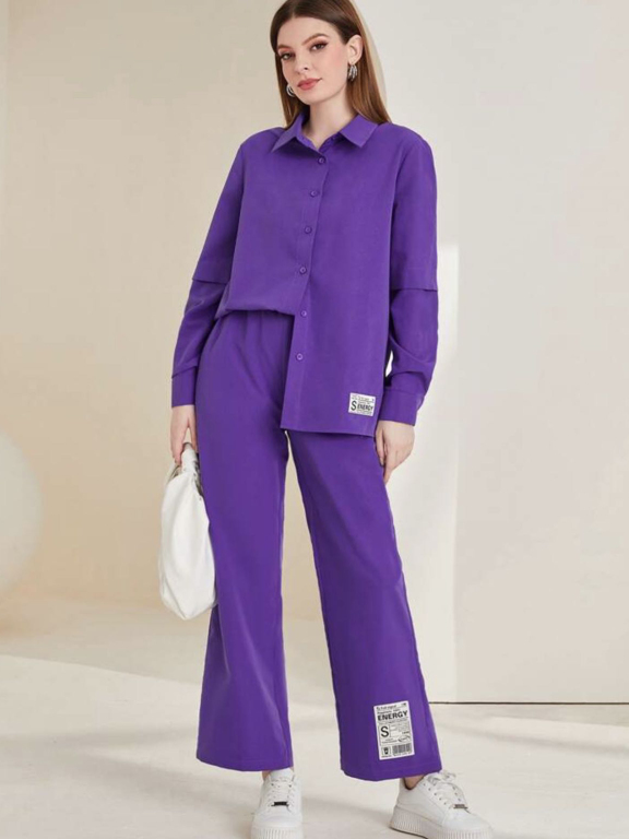Women's Casual Plain Long Sleeve Labelled Shirts & Wide Leg Pants 2 Piece Set ZX-68#, Clothing Wholesale Market -LIUHUA, All Categories